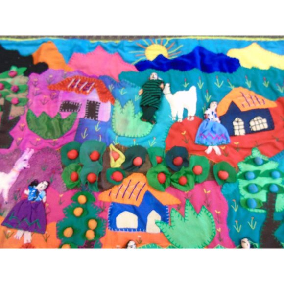 '71 Peruvian Mercado Market Tapestry Handcraft Appliqué Folk Art Peru Arpillera - Picture 5 of 10